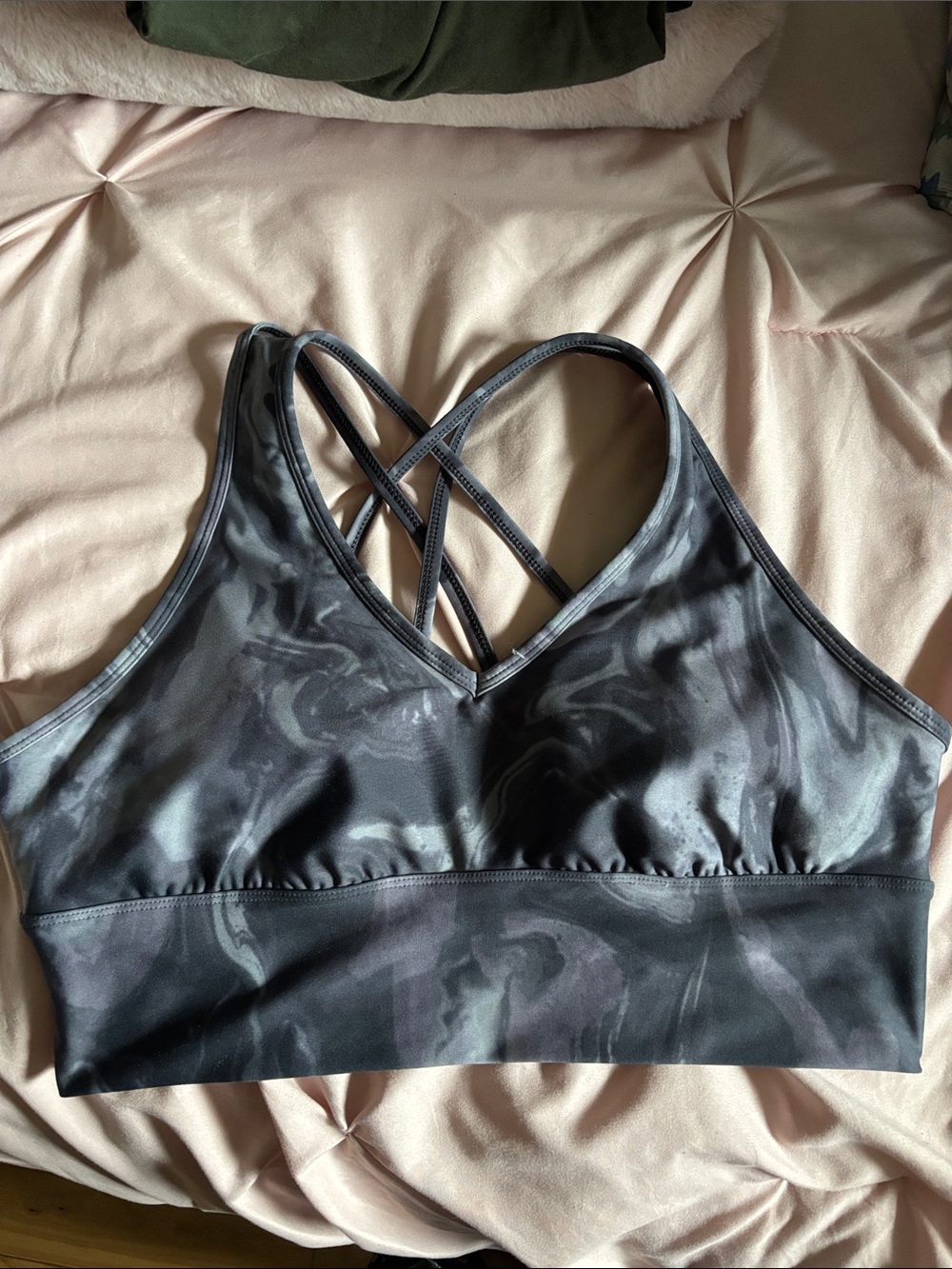 Marble-Print Strappy Sports Bra in Charcoal
